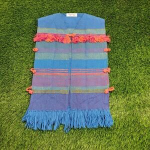 Vintage 70s Tribal Boho Vest Women Medium 19x26 Blue Fringed